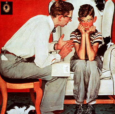 La pintura muestra a un padre hablando con su hijo, ambos blancos.