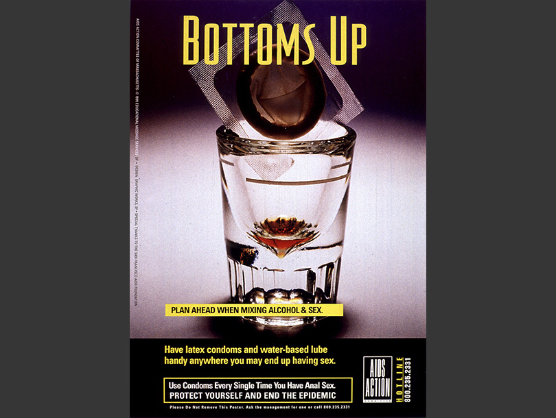 Poster with yellow and white lettering. The main image features an empty shot glass in which an unopened condom is placed. Text appears below image