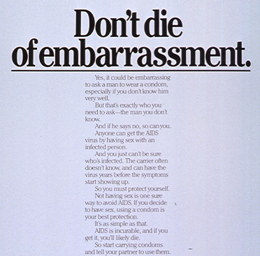 Blue background with black text, “Don’t die of embarrassment” is much larger than rest of text