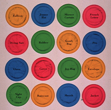 Color drawing of columns of condoms with various names for condoms written on each one