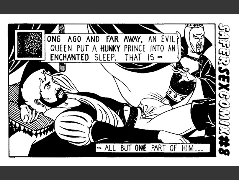 Black and white drawing of a man sleeping on a bed, with another man in a cape and crown gesturing towards him