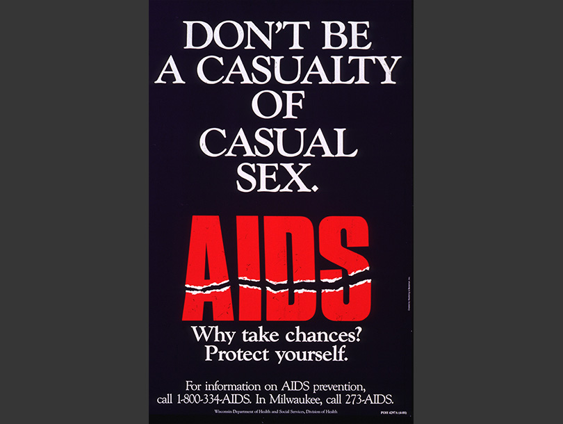 Blue background with white text, except for “AIDS” which is red and has a cut or rip through the bottom quarter of the letters.