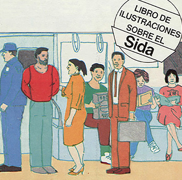 Two color drawings, one of a Hispanic couple on a crowded multiracial subway, and the other an African American couple on the same subway car.  
