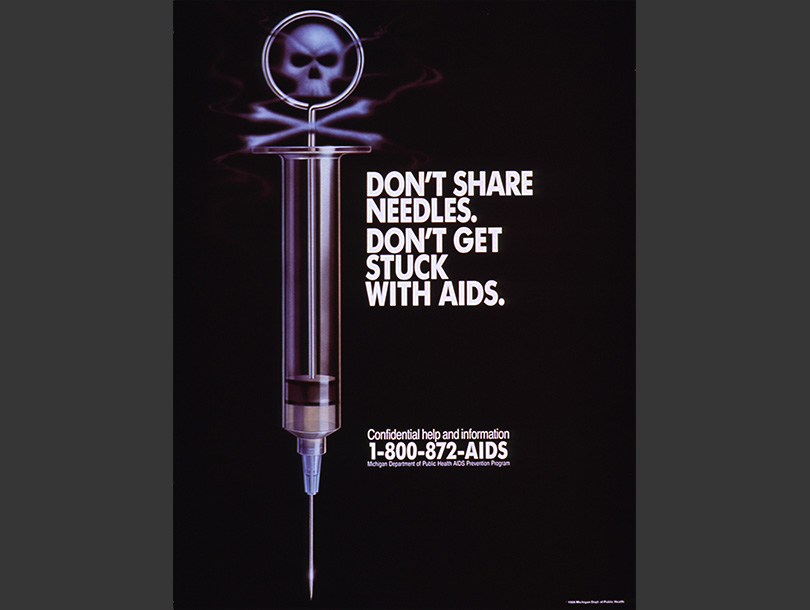 Drawing of a vertical needle with purple skull and crossbones where the handle is, on a black background.  