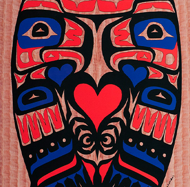 A poster with text and a painting of two red and blue stylized birds facing each other with a heart between them