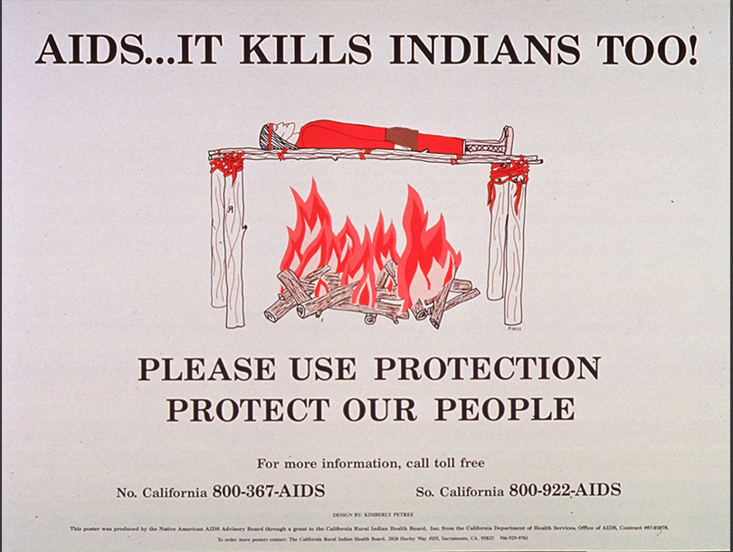Cartel con texto y el dibujo a colores de un nativo americano en ropas rojas, tendido en una plataforma de madera sobre fuego.