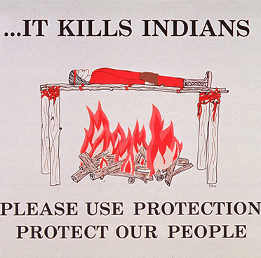 A poster with text and a color drawing of a Native American man in red clothing laying on a wooden platform above a fire