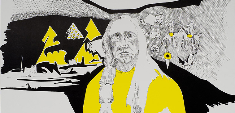 Cartel con texto y el dibujo en blanco y negro de un nativo americano con una camisa amarilla y la mirada al frente. Al fondo se ve una escena de caza.