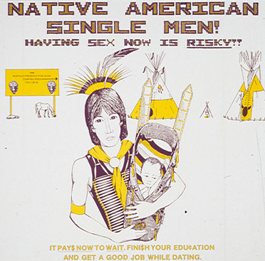A poster with text and a black and white drawing of a Native American man wearing a yellow scarf holding a baby, in the background are a yellow sign and two yellow teepees.