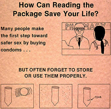 Cartel con texto y el dibujo en café claro y negro de un hombre ante un farmacéutico; debajo de ellos hay tres condones dibujados