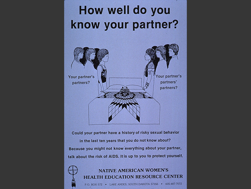A poster with text and a black and blue drawing of a Native American young man and woman looking at each other across a bed, each has two people outlined behind them