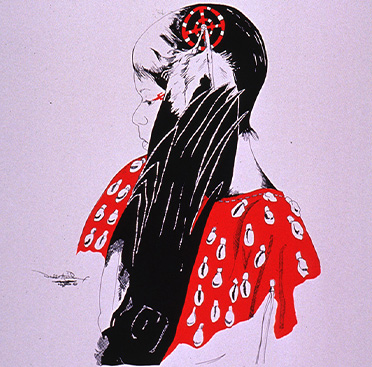 Cartel con texto y el dibujo en blanco y negro de una chica nativa americana con una camisa roja y la mirada hacia abajo y a la izquierda.