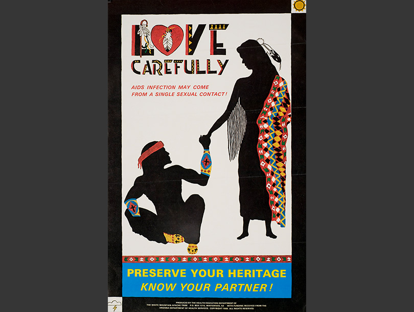 A poster with text and a black outline of a kneeling male figure with a red bandana, holding the hand of a female figure wearing a blanket