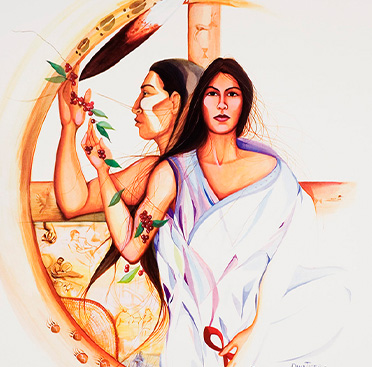 Cartel con texto y el dibujo de un hombre y una mujer nativos americanos, la mujer mirando al frente, el hombre atrás de ella, mirando a la izquierda.