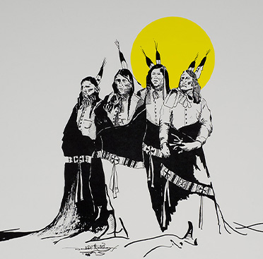 Cartel con texto y el dibujo en blanco y negro de cuando hombres nativos americanos vestidos con túnica y con la mirada al frente, con un sol amarillo atrás.