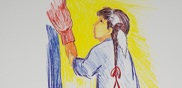 Cartel con texto y el dibujo de un niño tomado de la mano de un adulto.