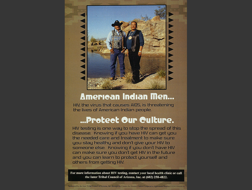 A poster with text and a photograph of two Native American men standing by a river