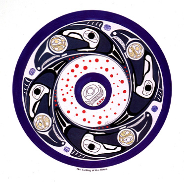 A poster with text and a color drawing of a circle enclosing stylized birds heads around a red dotted center