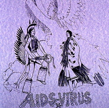Cartel con texto y el dibujo de un hombre y una mujer nativos estadounidenses con atuendos tradicionales de las llanuras mientras bailan frente al contorno de otra persona con un tocado.