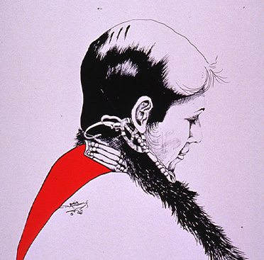 Cartel con texto y el dibujo en blanco y negro de un hombre nativo estadounidense con una camisa roja y la mirada hacia abajo y a la derecha.