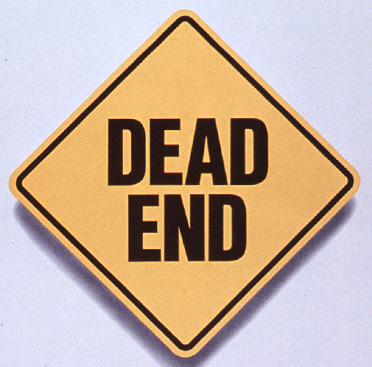 Yellow square road sign that reads “Dead End” above text