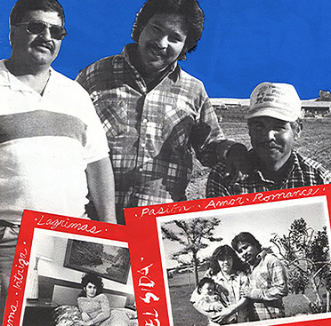 Three Latino men smiling at the viewer; two red-bordered photographs are below them, one showing a woman on a bed, the other a family
