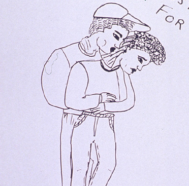 Dibujo en blanco y negro de un hombre abrazando a una mujer, ambos afroamericanos. Ella tiene el ceño fruncido y la mirada hacia abajo.