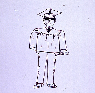 Black and white drawing of an African American young man in sunglasses and graduation gown.