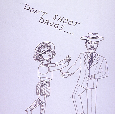Black and white drawing of an African American man in a suit offering a needle to an African American woman who has her arms