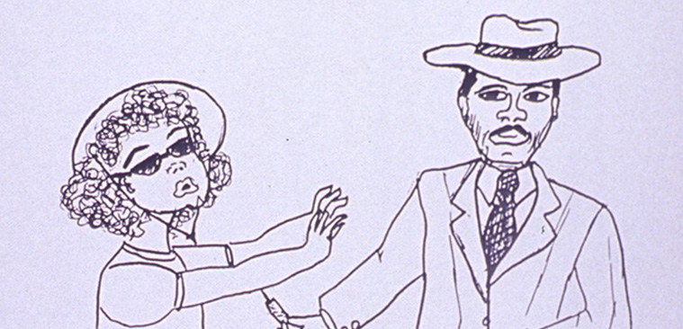 Dibujo en blanco y negro de dos afroamericanos; él de traje, le ofrece una aguja a ella, que tiene los brazos levantados.