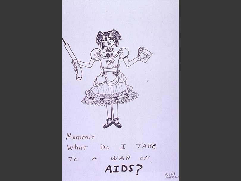 Dibujo en blanco y negro de una niña afroamericana en vestido, con una escopeta en una mano y folletos informativos sobre el sida en la otra.