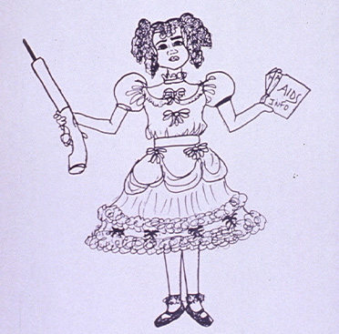 Dibujo en blanco y negro de una niña afroamericana en vestido, con una escopeta en una mano y folletos informativos sobre el sida en la otra.