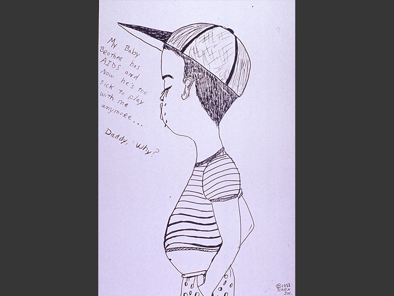 Dibujo en blanco y negro del perfil izquierdo de un niño afroamericano llorando