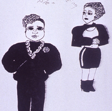 Dibujo en blanco y negro de una mujer afroamericana, con chaqueta y las manos en los bolsillos.