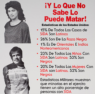 A poster with text, a portrait of a Latina woman and a portrait of a Latino man