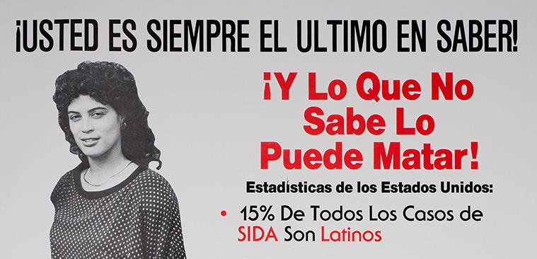 Un cartel con texto, el retrato de una mujer y hombre latinos
