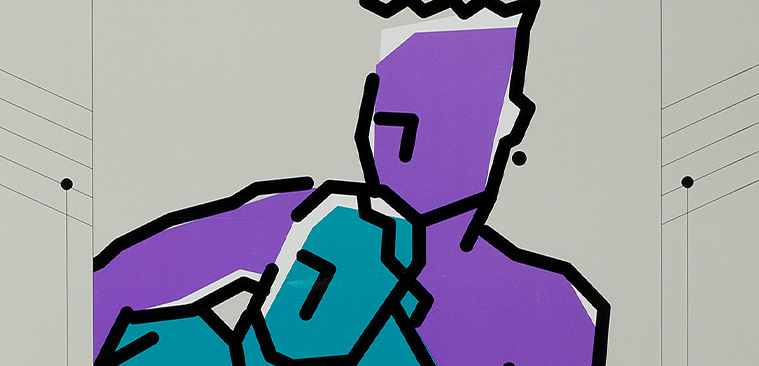 Color drawing of two men lounging together, one is purple the other is teal