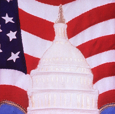 Color drawing of the U.S. capitol dome with the American flag behind it, surrounded by a black background