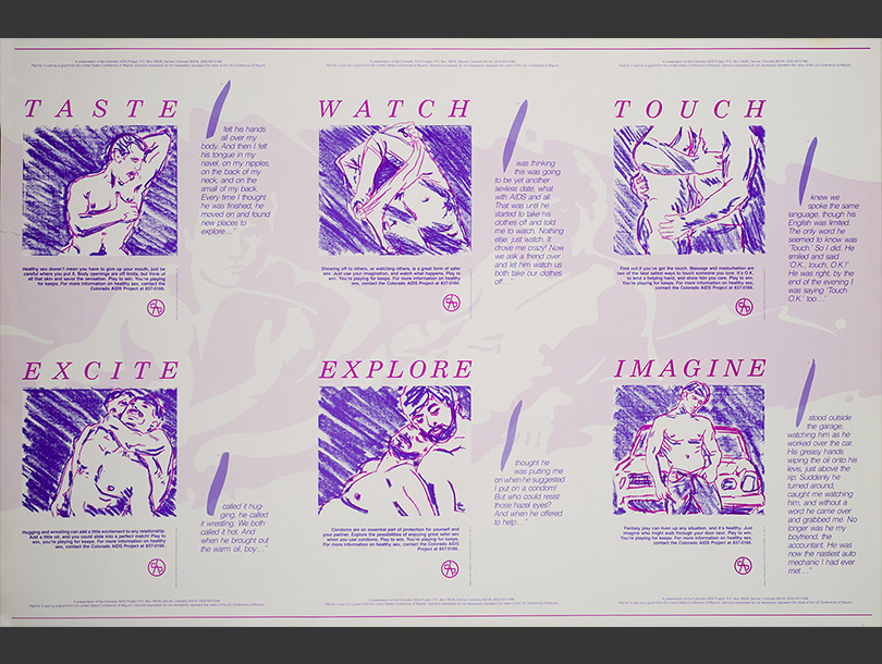 Series of six purple drawings of men performing sexual foreplay acts on each other. 