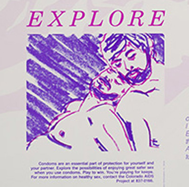 Series of six purple drawings of men performing sexual foreplay acts on each other. 