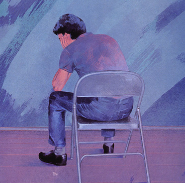 Color drawing of a white man sitting on a folding chair facing away from the viewer with his head in his hands