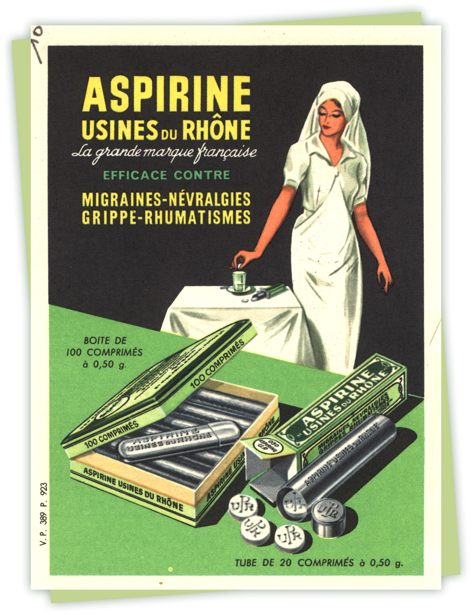 An ad that is a color illustration of a white woman nurse near a package of aspirin