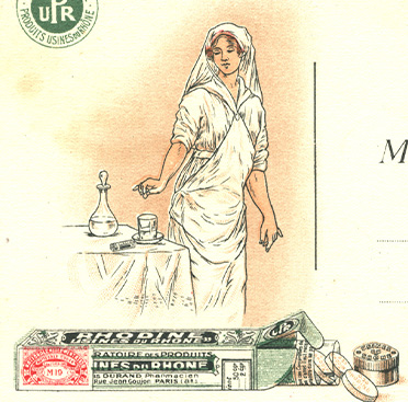 The back of an illustrated postcard advertisement; shows a white woman nurse and package of aspirin