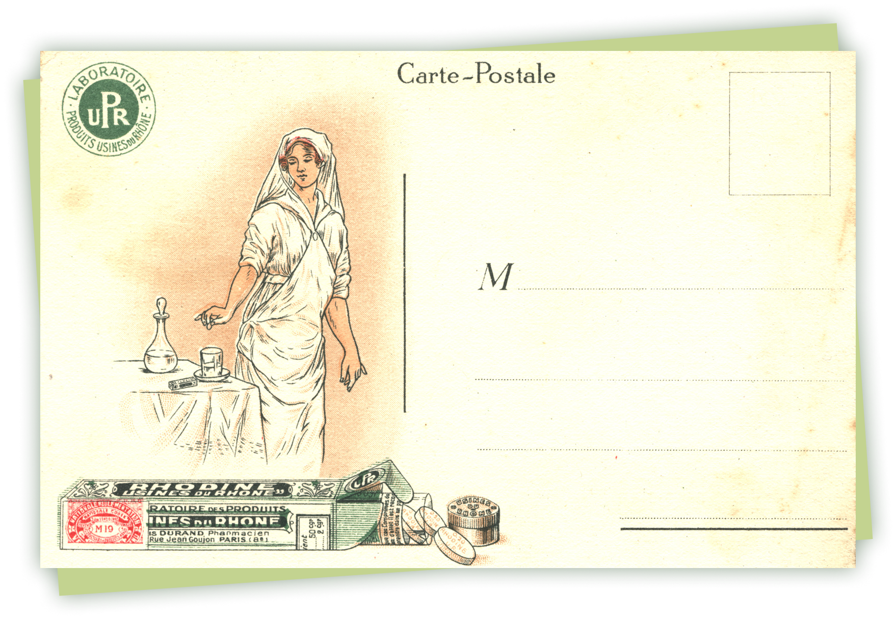 The back of an illustrated postcard advertisement; shows a white woman nurse and package of aspirin