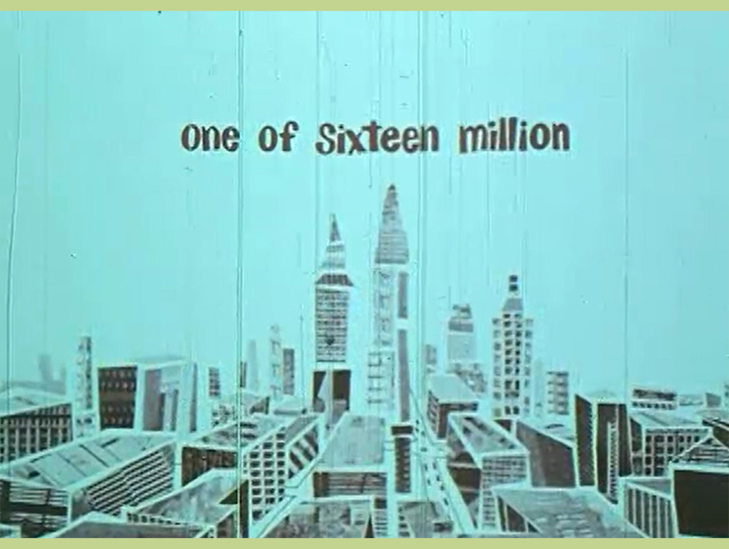 A movie title card in black and white with an illustration of a city under the title