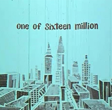 A movie title card in black and white with an illustration of a city under the title
