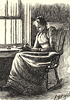 Illustration of a woman sitting in a rocking chair by a barred window, holding a paper and pen.