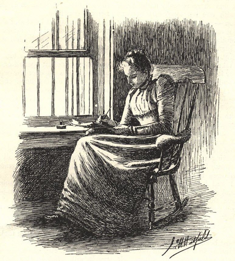 Illustration of a woman sitting in a rocking chair by a barred window, holding a paper and pen.