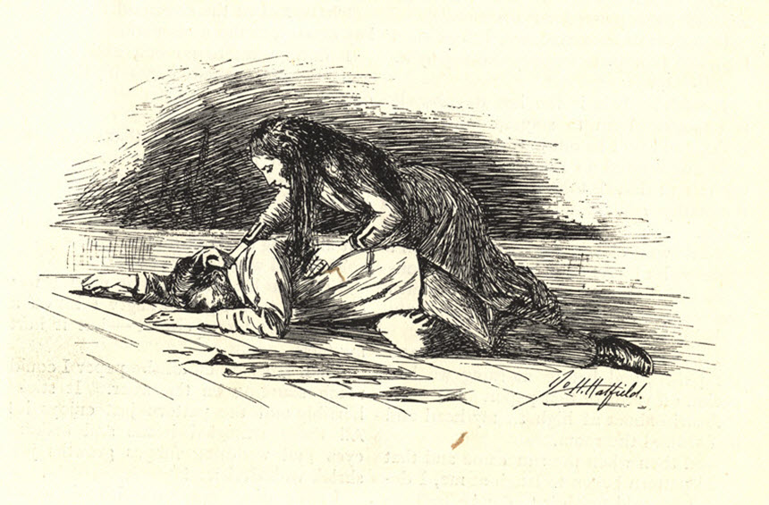 Illustration of a woman leaning over an unconscious man.
