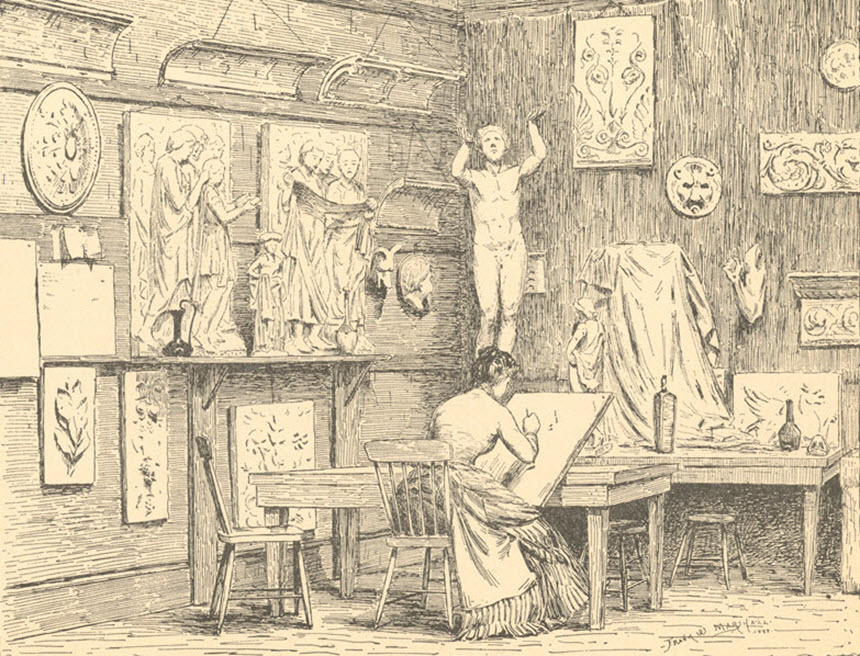 Illustration of a woman drawing at a desk in a room filled with art.